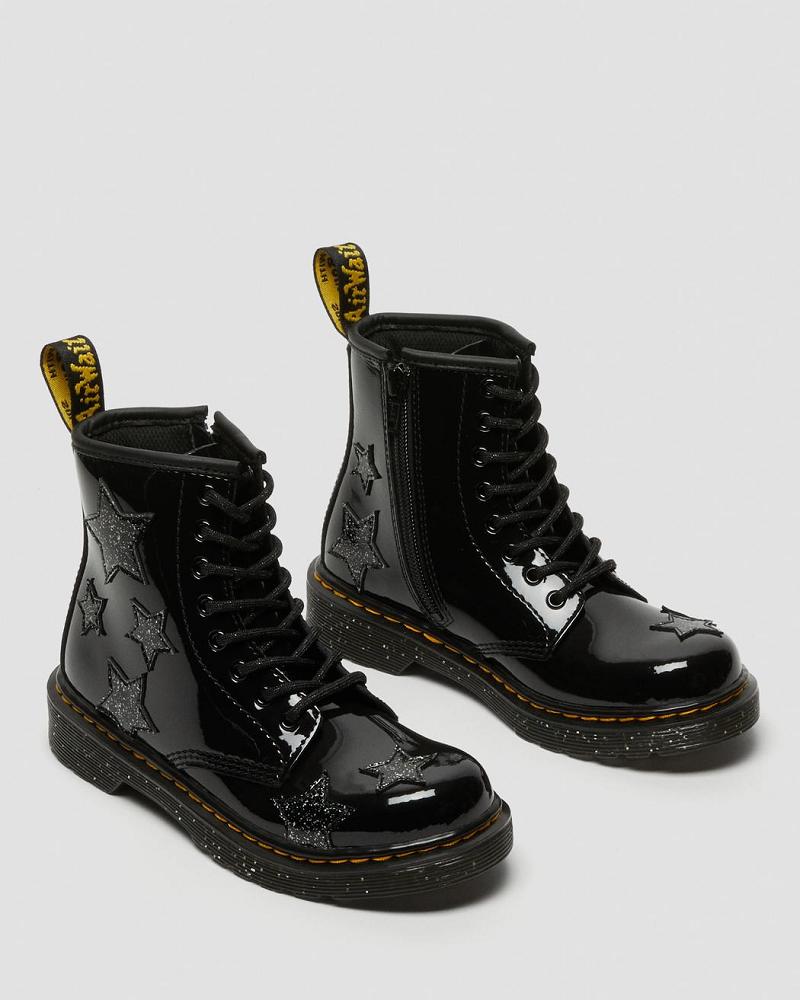 Dr Martens Junior 1460 Glitter Star Lak Snørestøvler Børn Sort | DK 679PJJ